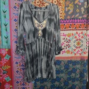 FREE PEOPLE Boho Gray Long Sleeve Viscose Tye Dye Mini Dress Size Small